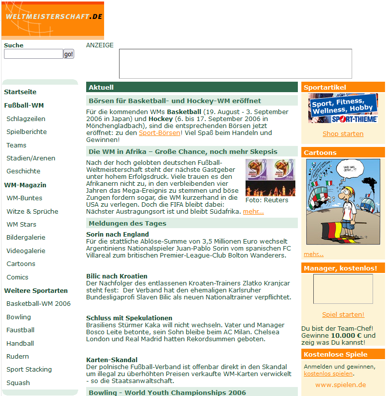 weltmeisterschaft.de, Startseite 20.08.2006 